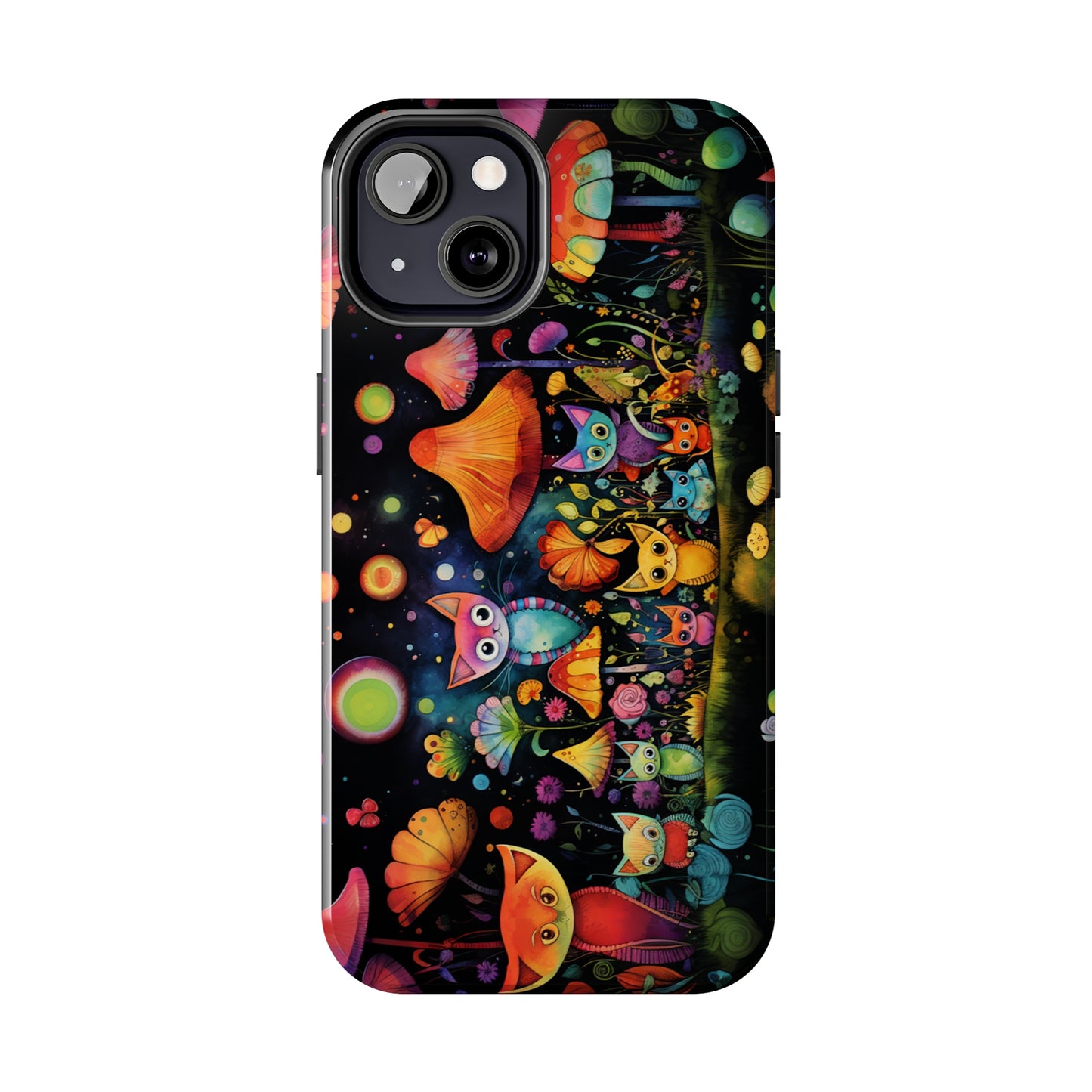 Mystical Cats Amidst a Garden of Flowers and Mushrooms, Beneath a Starry Sky Iphone Tough Phone Case