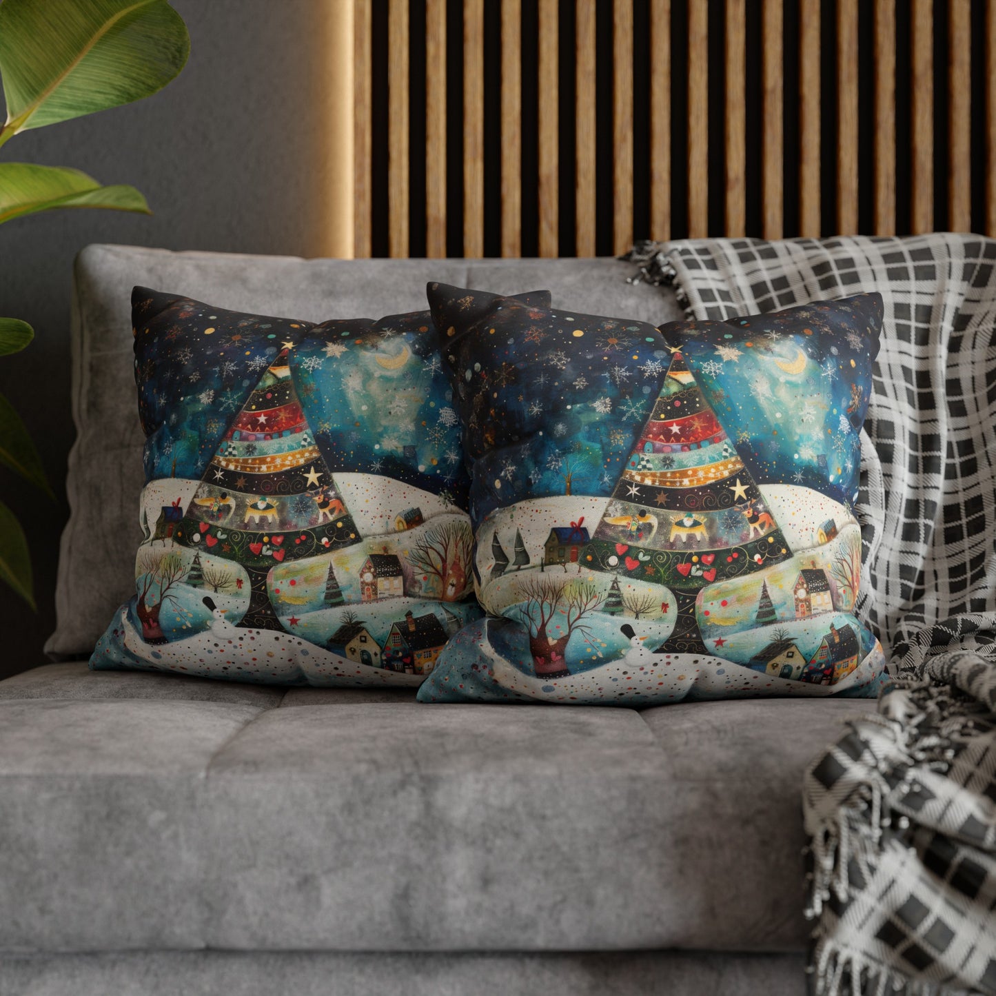 Twilight Treasures: Folk Art Christmas Tree Adorning a Town at Night Spun Polyester Square Pillowcase 4 Sizes