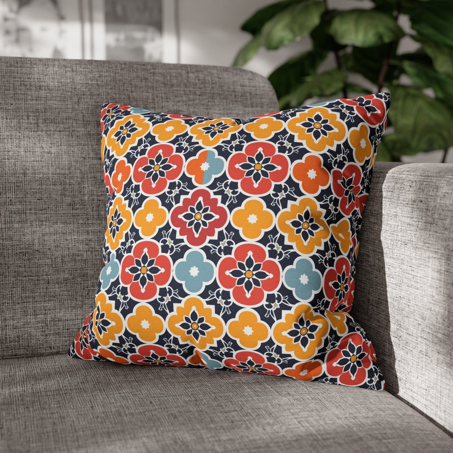 Vibrant Moroccan Orange, Gold and Blue Tile Pattern Spun Polyester Square Pillowcase 4 Sizes