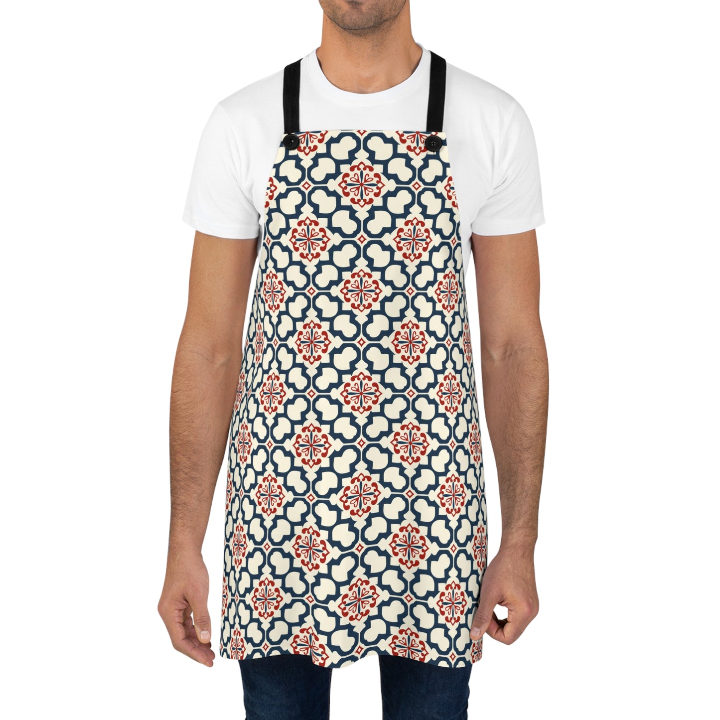 Traditional Korean Elegance in Bold Red and Navy Geometric Tile Pattern Kitchen Chef Apron