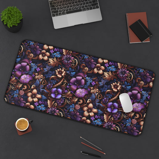 Victorian Steampunk Royal Purple Blue and Gold Flowers with Gears and Mechanical Elements - Desk Mat Extended Gaming Mouse Pad 3 Sizes