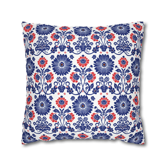 Charming Folk Blooms in Classic Polish Pottery Inspired Floral Pattern in Blue and Red Polyester Square Pillowcase 4 Sizes