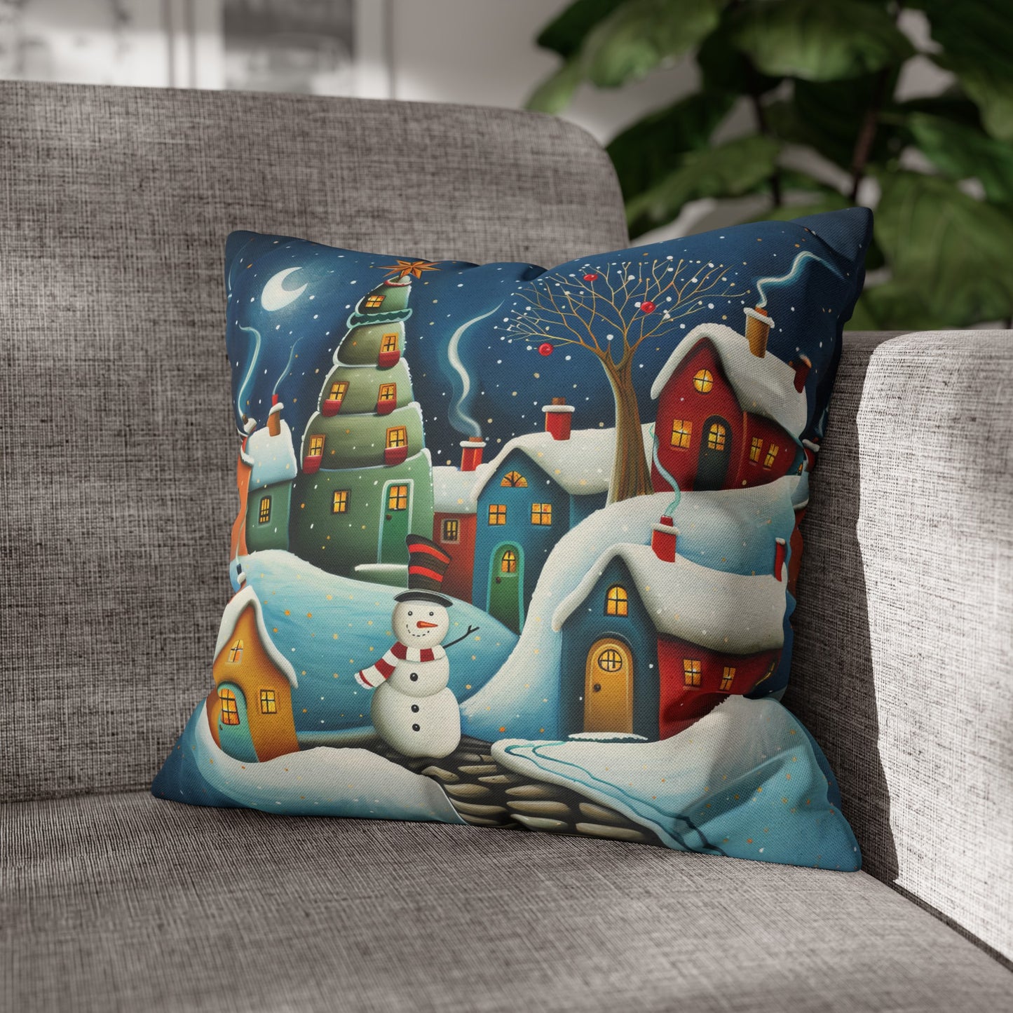 Starry Snowman Serenade: Village under a Starry Night Sky Spun Polyester Square Pillowcase 4 Sizes