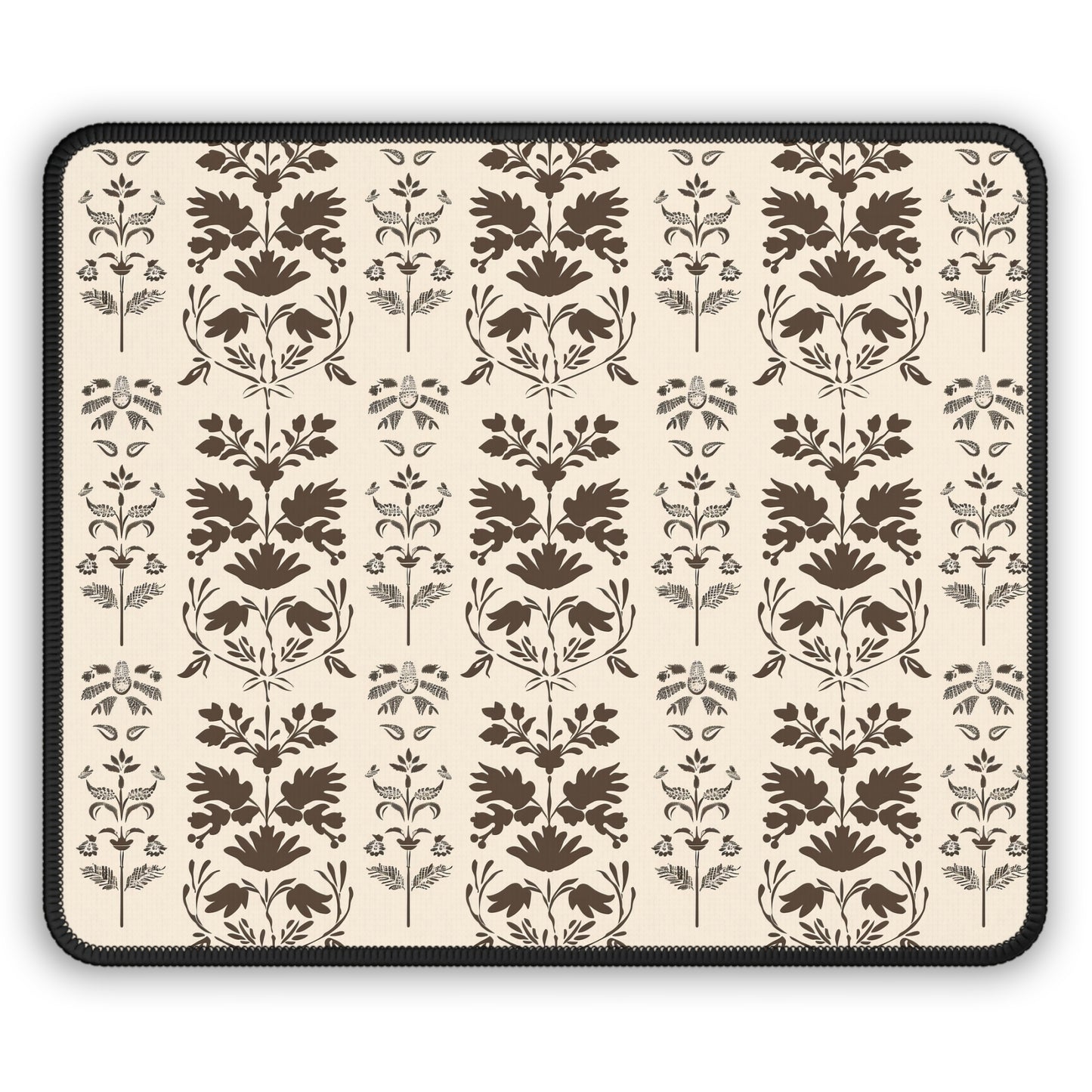 Early American Stencil-Inspired Beige and Brown Floral Pattern Gaming Mouse Pad with Finished Edges