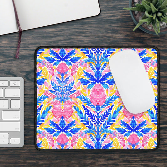 Tropical Watercolor Blooms in Vibrant Pinks and Blues Gaming Mouse Pad with Finished Edges