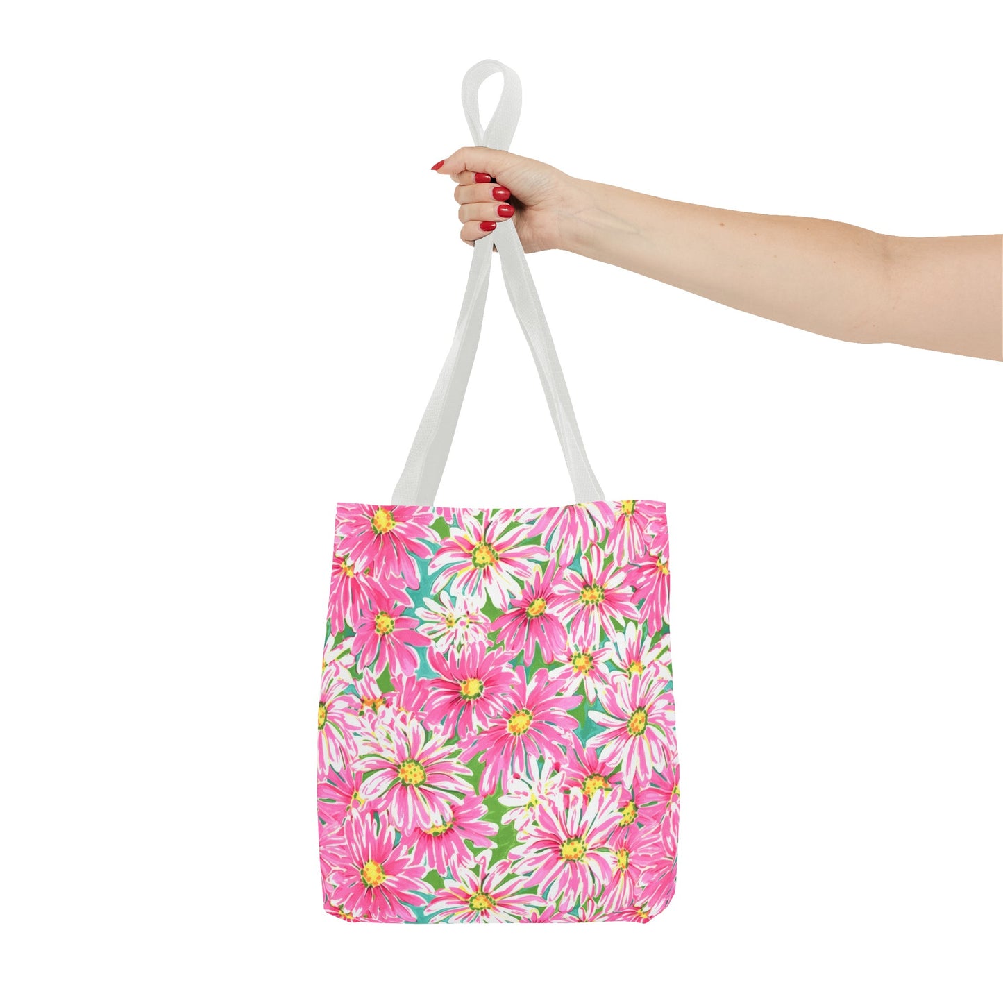 Springs Whisper: Watercolor Pink Daisies Dancing on a Lush Green Stage Canvas Tote Bag 3 Sizes