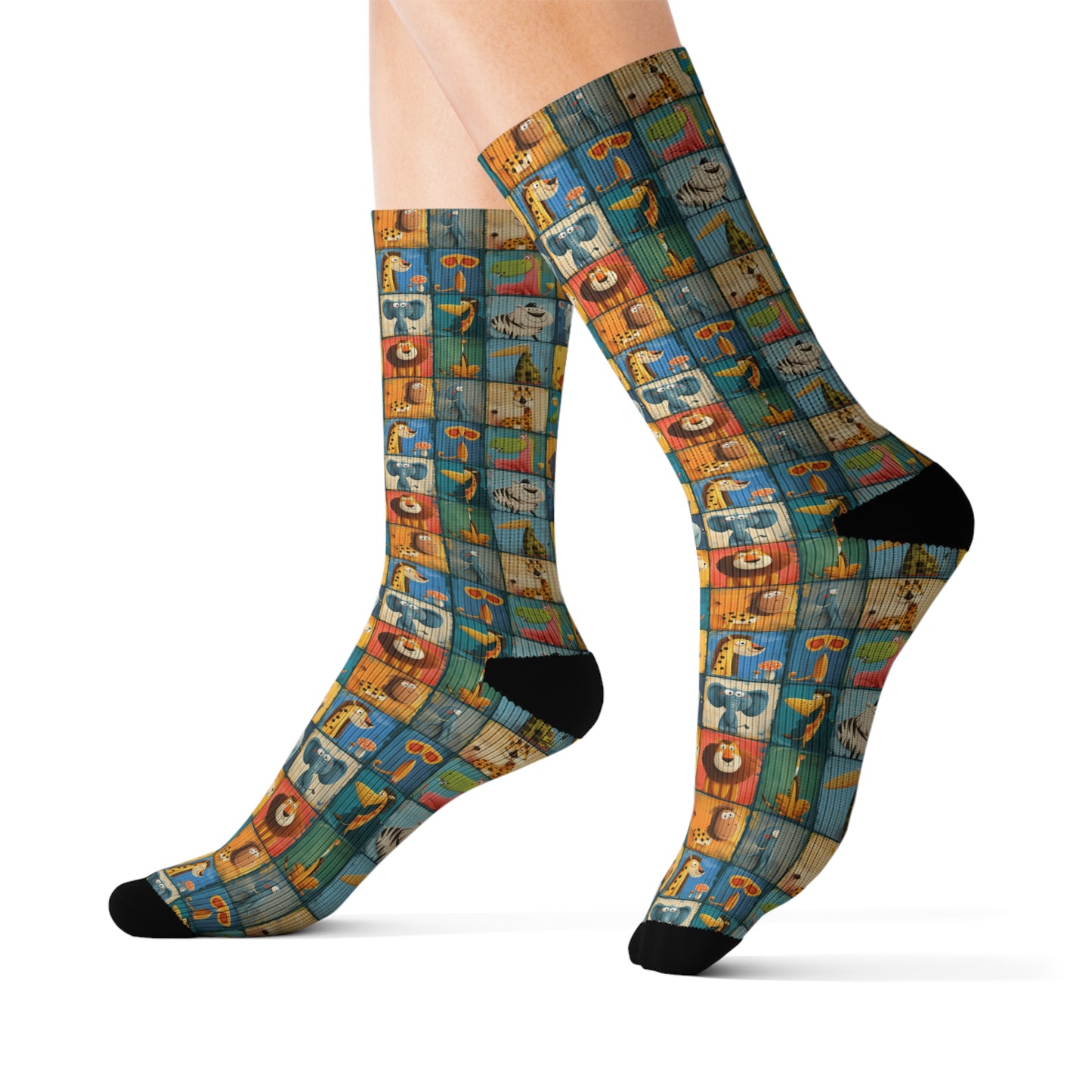 Cartoon Animals in a Vibrant Patchwork Wonderland Ribbed Crew Socks