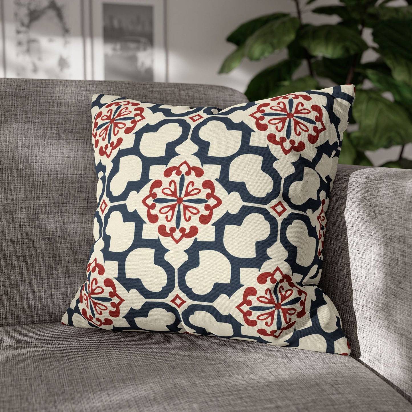 Traditional Korean Elegance in Bold Red and Navy Geometric Tile Pattern Spun Polyester Square Pillowcase 4 Sizes