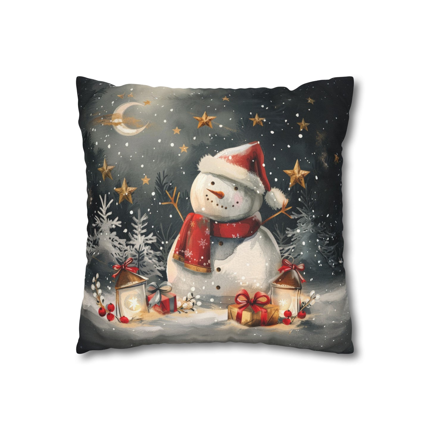 Snowman Beneath a Canopy of Stars, Surrounded by Presents Spun Polyester Square Pillowcase 4 Sizes