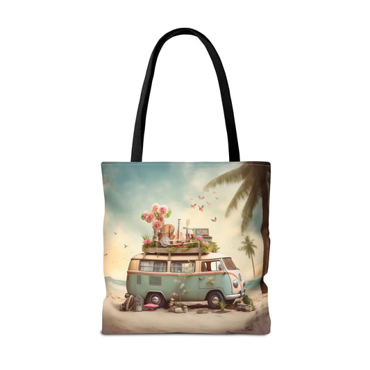 Chill Vibes of VW Bus Life - Guitars, Flowers, and Palm Trees by the Beach Canvas Tote Bag - 3 Sizes