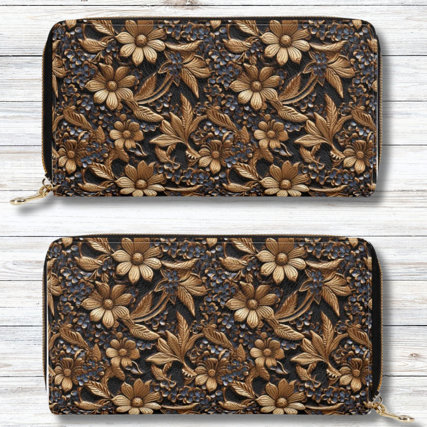 Print of Tooled Leather Gold Flowers with Blue Accents Leather Wallet (PU)