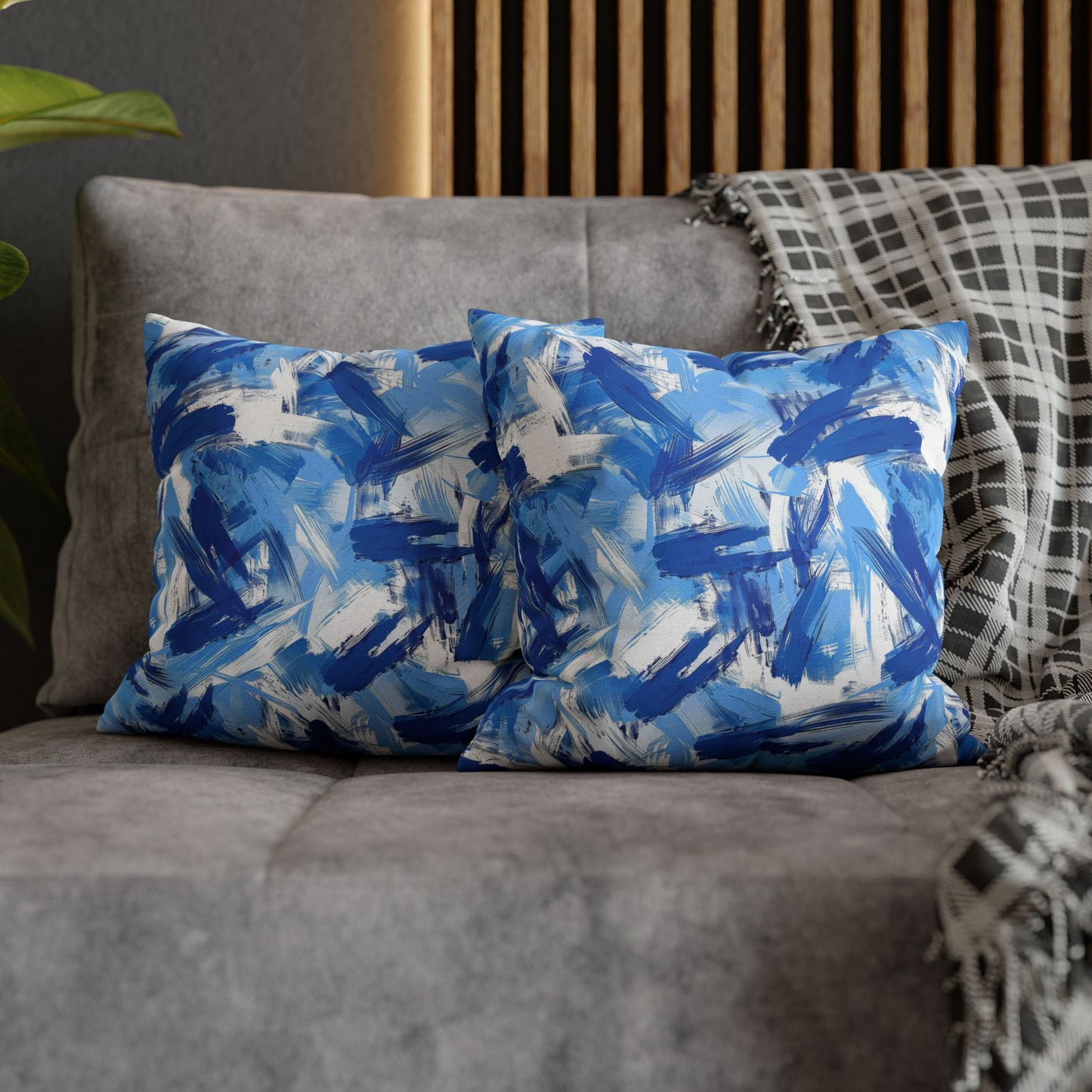 Bold Blue and White Abstract Brushstroke Pattern Spun Polyester Square Pillowcase 4 Sizes