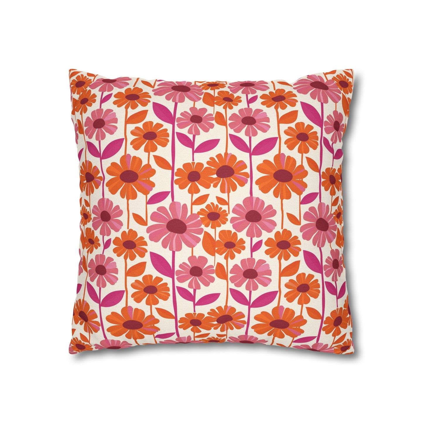 Retro Floral Bliss with Bold Pink and Orange Flower Design Spun Polyester Square Pillowcase 4 Sizes