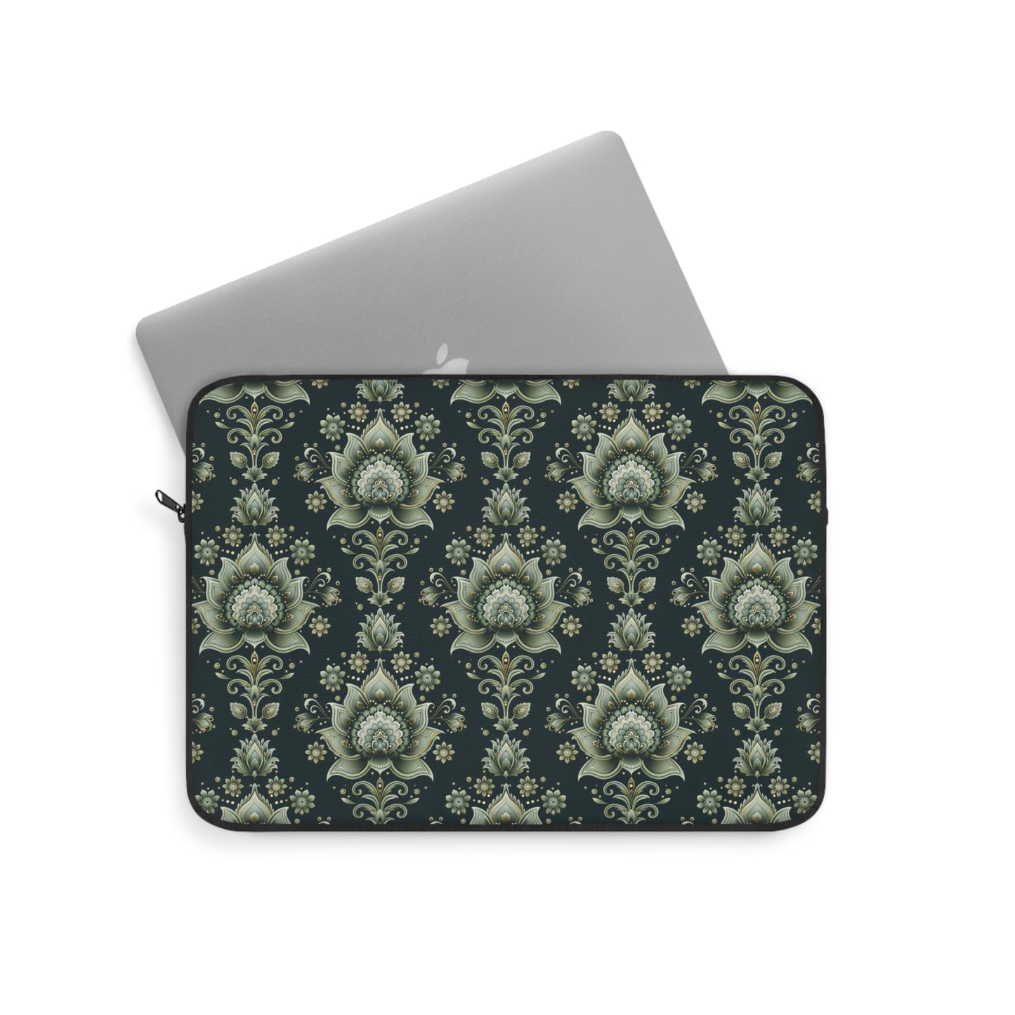 Ornate Green Mandala with Golden Accents on Dark Background Laptop or Ipad Protective Sleeve 3 Sizes Available