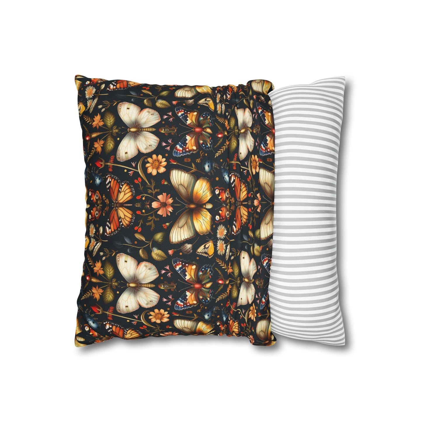 Enchanted Garden of Butterflies and Botanicals in Rich Autumn Hues on a Deep Night Background Polyester Square Pillowcase 4 Sizes