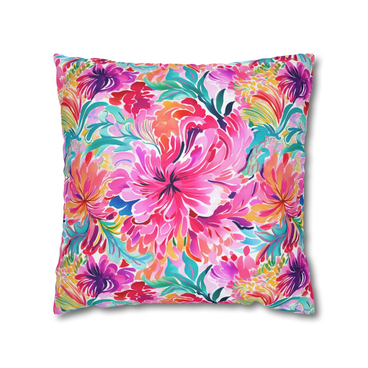 Rainbow Tropics: Watercolor Flowers in Vibrant Pink, Green and Orange Hues Spun Polyester Square Pillowcase 4 Sizes