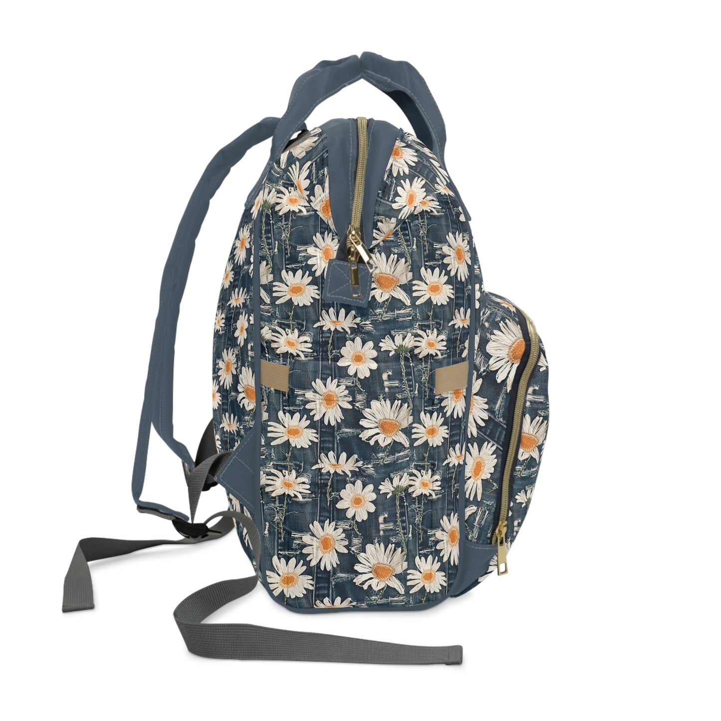 Daisy Dreams: Worn Dark Denim with White Embroidered Daisies Multifunctional Diaper Backpack