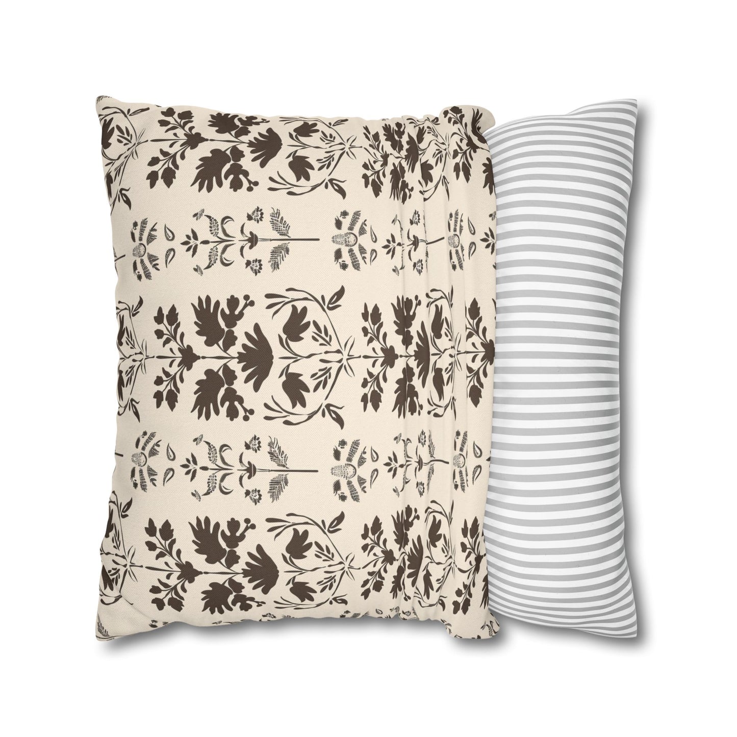 Early American Stencil-Inspired Beige and Brown Floral Pattern Spun Polyester Square Pillowcase 4 Sizes