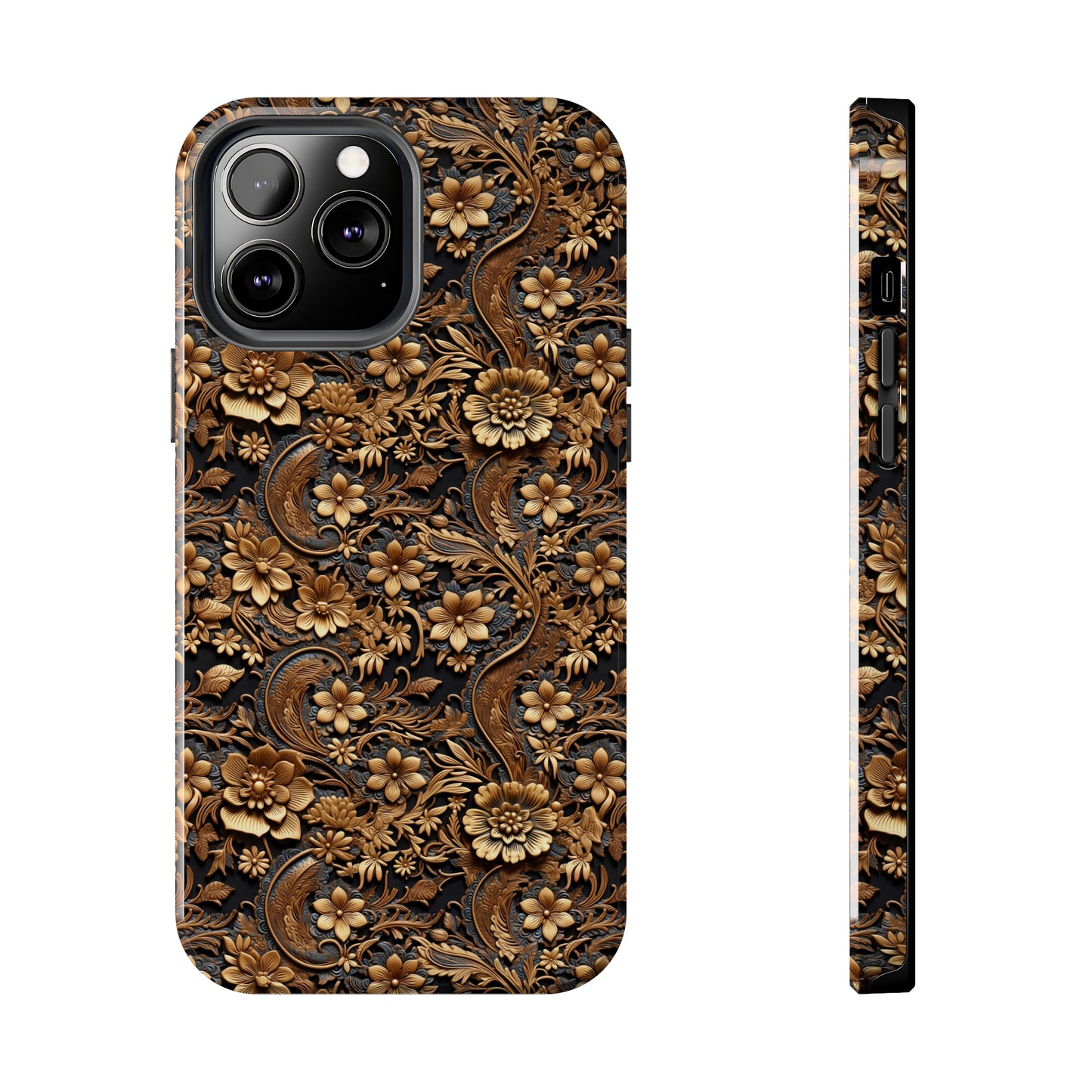 Tooled Leather Large Gold Flowers with Blue Leaf Swirl Accents Print Design Iphone Tough Phone Case