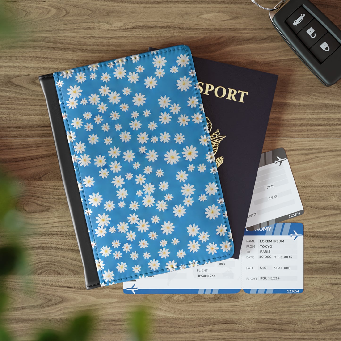 Skys Whisper: Tiny White Daisies on a Serene Blue - Passport Cover Faux Leather RFID Blocking