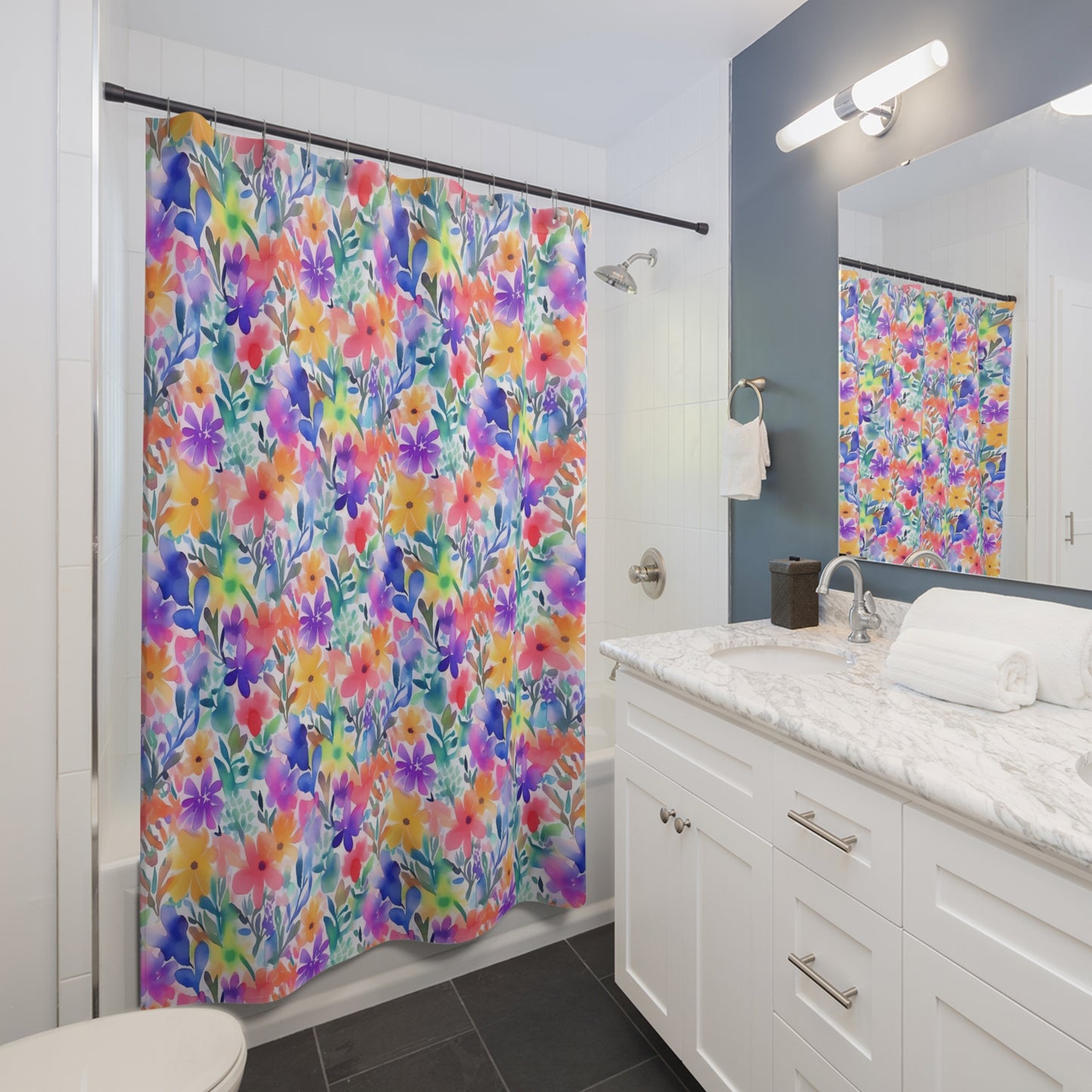 Radiant Watercolor Blooms: Bright and Vivid Floral  Design Bathroom Shower Curtain   71" × 74"