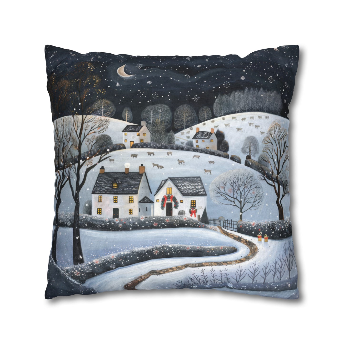 Starry Serenity: Rolling Hills on a Snowy Night, Stars Sparkling in the Sky Spun Polyester Square Pillowcase 4 Sizes