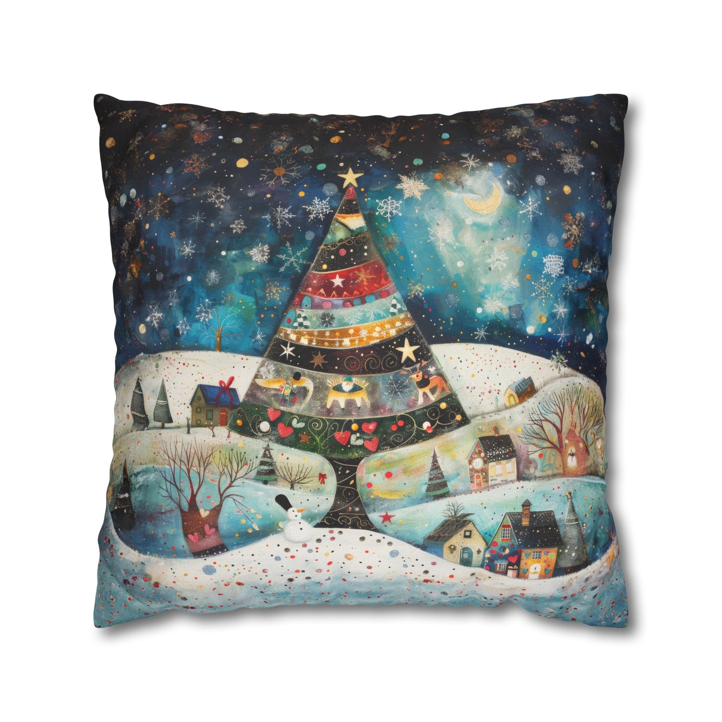 Twilight Treasures: Folk Art Christmas Tree Adorning a Town at Night Spun Polyester Square Pillowcase 4 Sizes