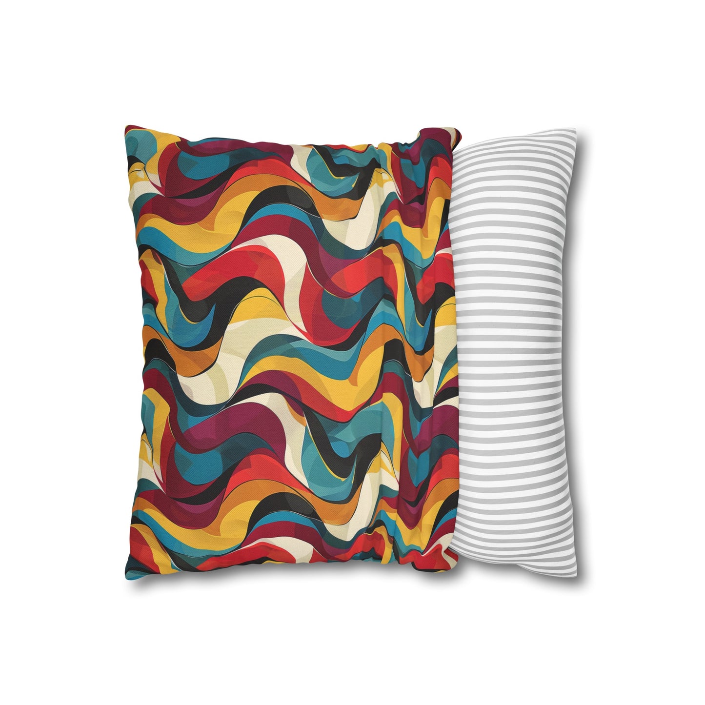 Retro Chic Vintage Blues, Reds and Yellow Waves Spun Polyester Square Pillowcase 4 Sizes