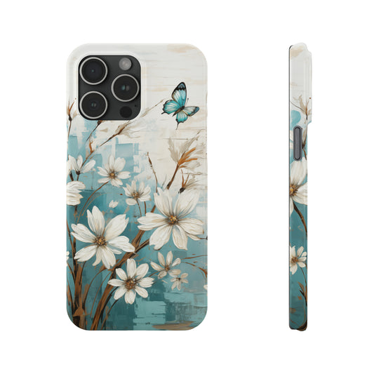 Rustic Farmhouse White and Teal Wild Daisies and Butterflies Iphone 15-12 Slim Phone Case