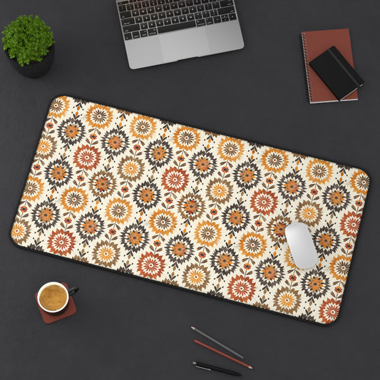 Boho Chic Earth Tone Floral and Folk Art Design in Burnt Orange, Deep Brown, and Creamy Beige Extended Gaming Mouse Pad Desk Mat - 3 Sizes