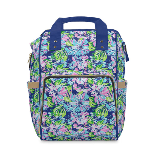 Seaside Coastal Pink, Navy, and Green Tropical Blooms Multifunctional Diaper Backpack