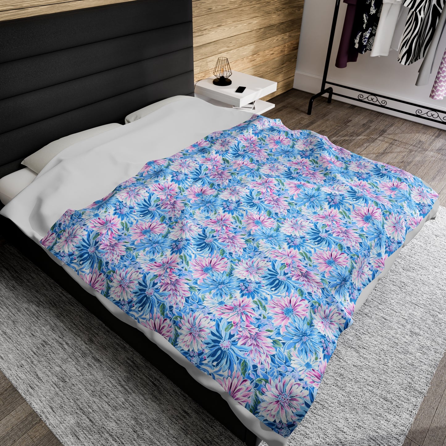 Pastel Blossom Symphony: Spring Flowers in Soft Pink and Blue Hues Velveteen Plush Blanket 3 Sizes