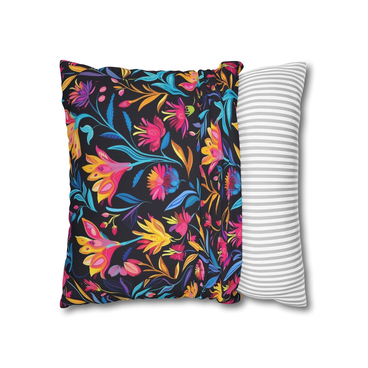 Vibrant Floral Fantasy in Midnight Garden Design Spun Polyester Square Pillowcase 4 Sizes