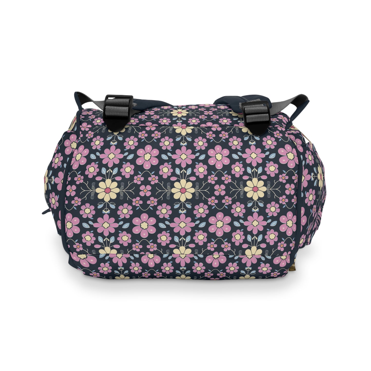 Charming Pastel Pink and Yellow Flowers on Navy Blue Background Multifunctional Diaper Backpack