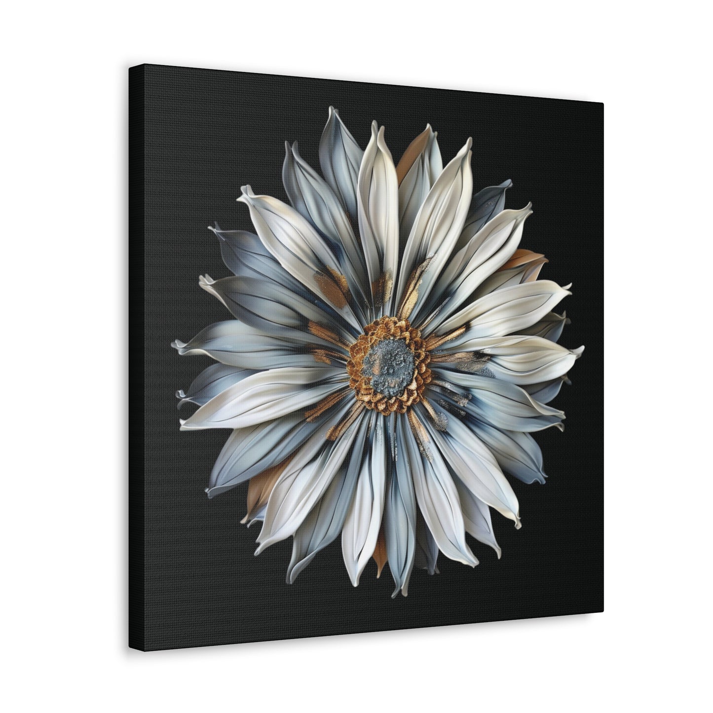 Pale Blue and Gold Sculpted Daisy on Black Background Print on Canvas Gallery Wraps  - 5 Sizes