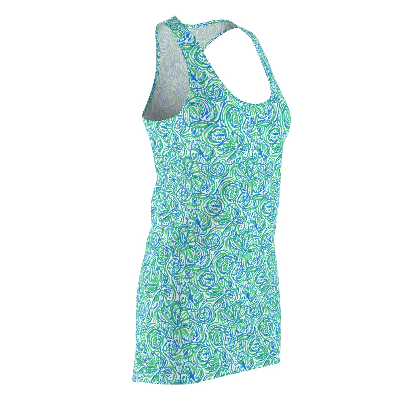 Emerald Tide: Swirling Green and Blue Flowers Women's Racerback Dress XS - 2XL