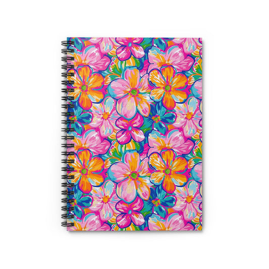 Chromatic Blossoms: Large Watercolor Flowers in Mixed Pinks, Blues, and Oranges Spiral Ruled Line Notebook