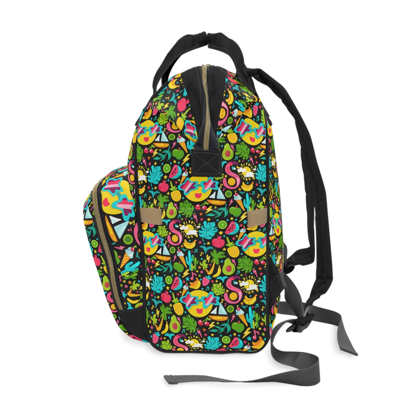 Island Vibes: Tropical Kids Summer Fruits, Boats, Flamingos, and the Sun in Black Multifunctional Diaper Backpack