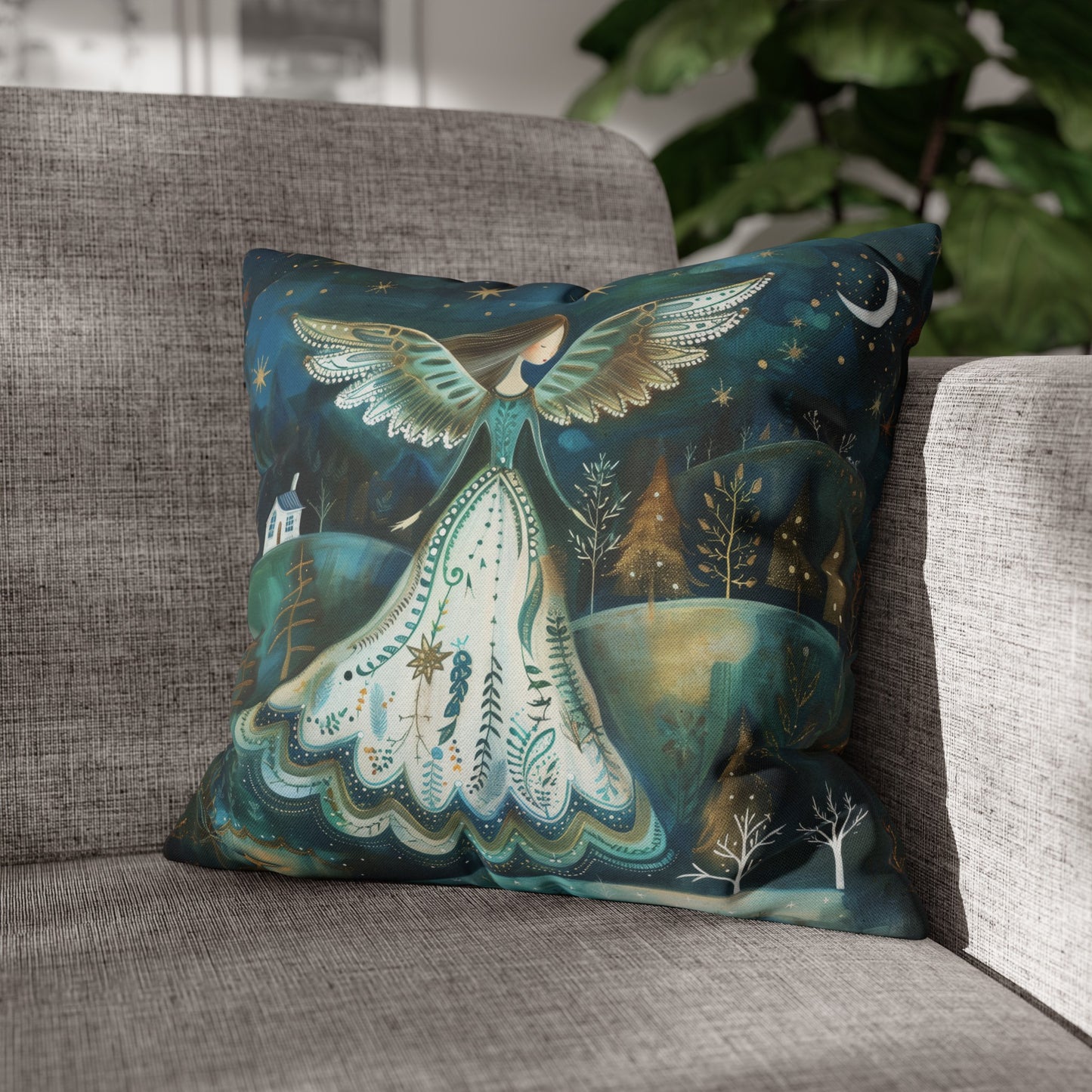 Starry Serenade: Angel in Flowing Dress Amidst a Starry Night Spun Polyester Square Pillowcase 4 Sizes