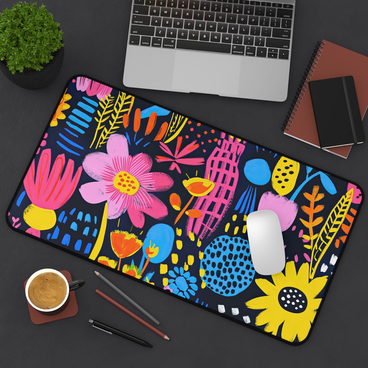 Abstract Floral Delight: Pink, Blue, and Yellow Blossoms Desk Mat Extended Gaming Mouse Pad - 3 Sizes