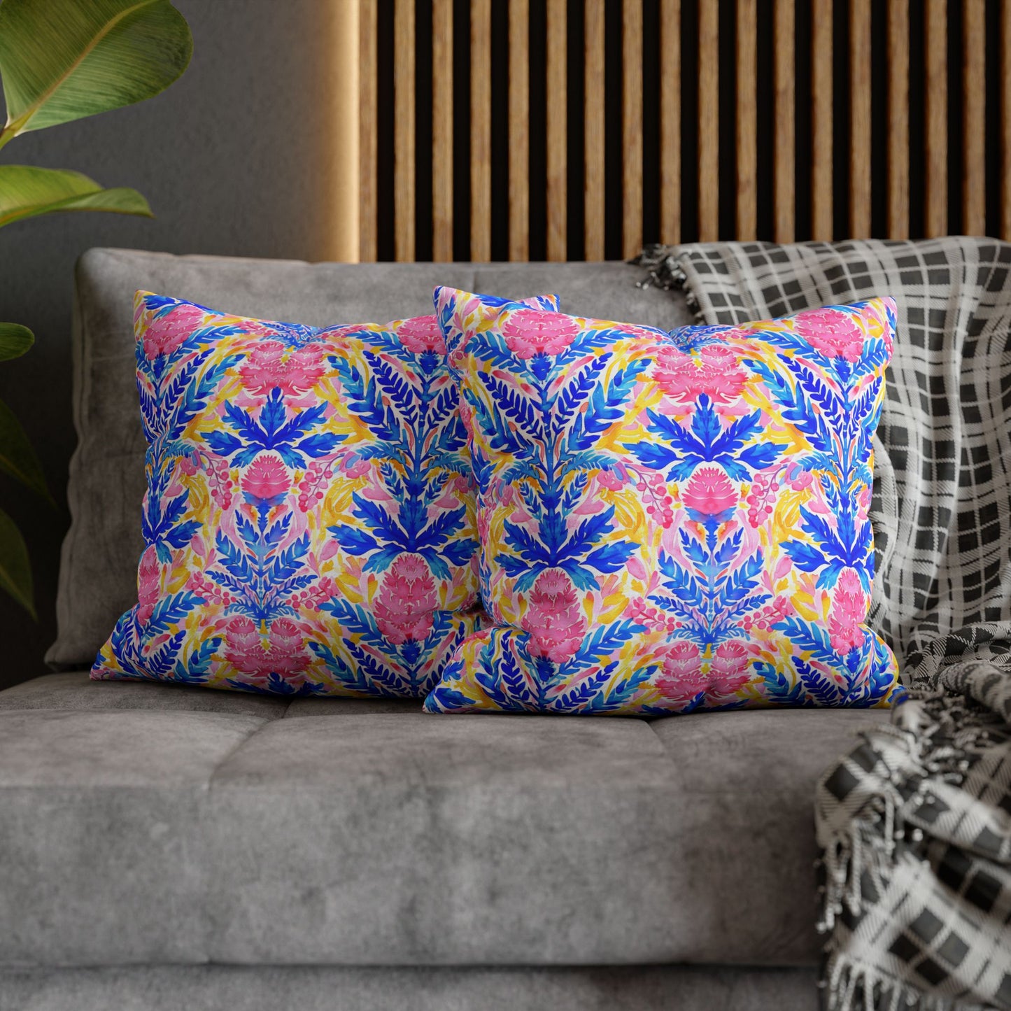 Tropical Watercolor Blooms in Vibrant Pinks and Blues Spun Polyester Square Pillowcase 4 Sizes