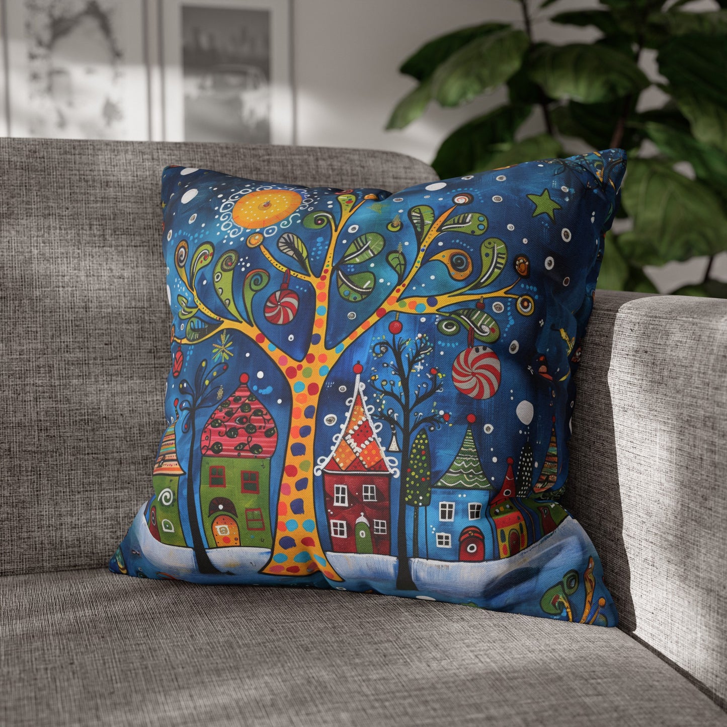 Winter Village Abstract Folk Art Christmas Scene Spun Polyester Square Pillowcase 4 Sizes