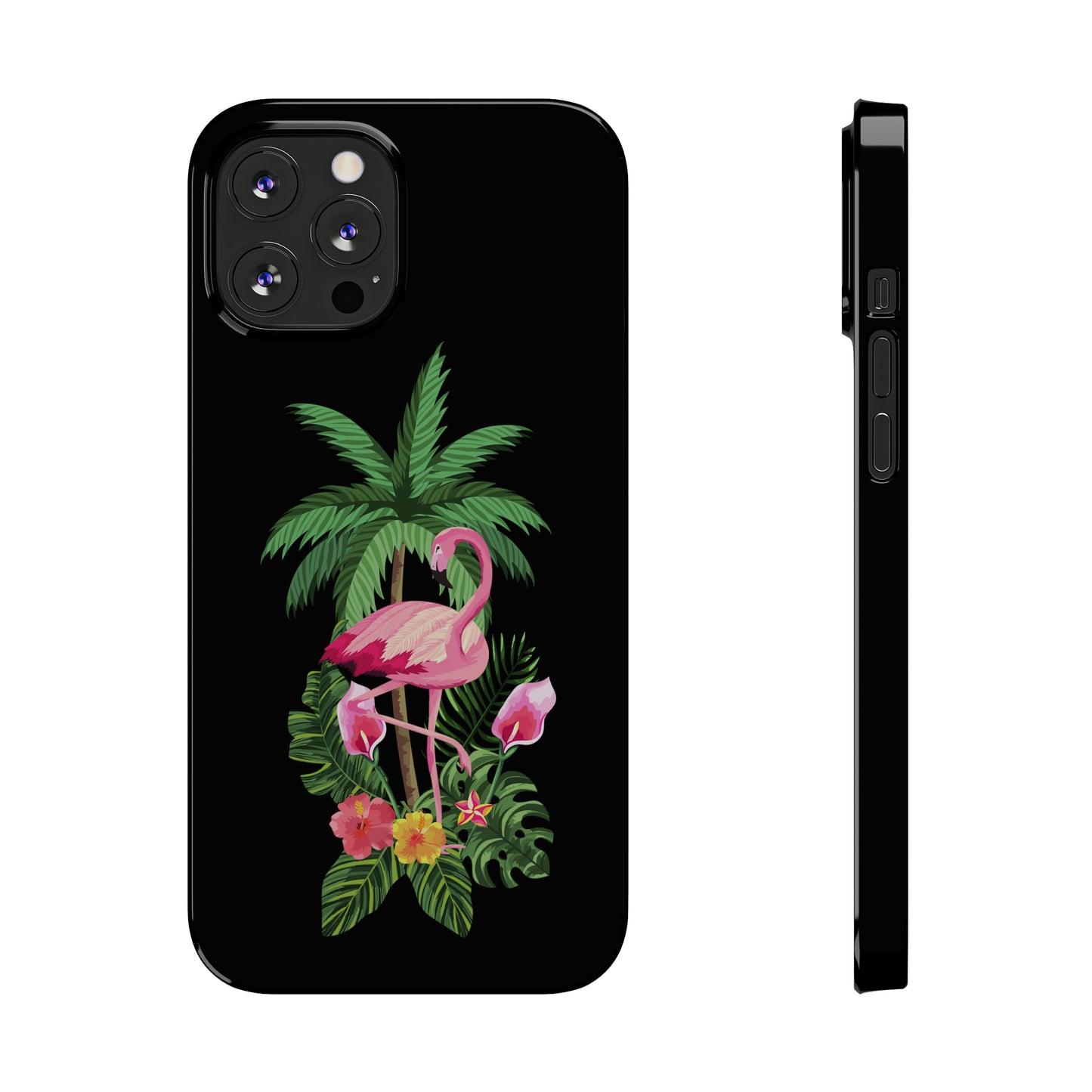 Tropical Pink Flamingo and Flowers Black Background Iphone 15-12 Slim Phone Case