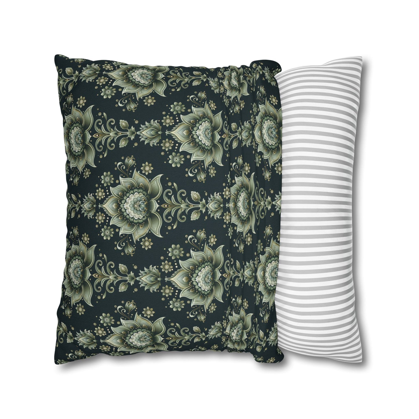 Ornate Green Mandala with Golden Accents on Dark Background Polyester Square Pillowcase 4 Sizes