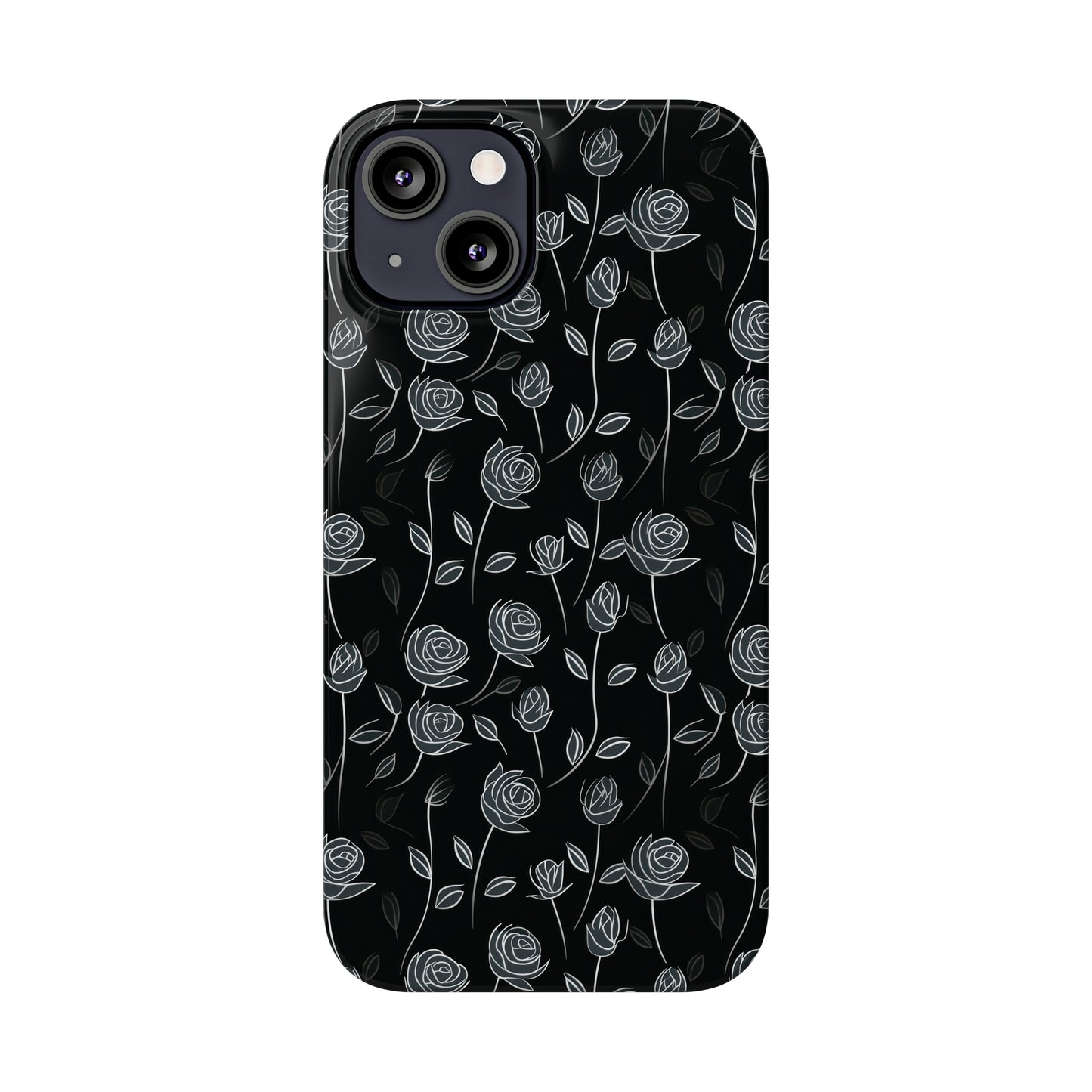 Contrasting Elegance: White Outlined Roses on a Black Background Iphone 15-12 Slim Phone Case