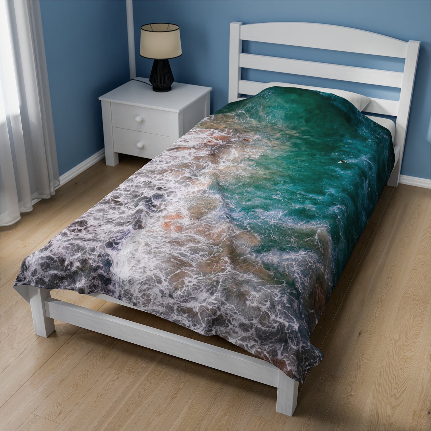 Ocean's Embrace: Deep Green Waters with White Waves Crashing onto the Beach Velveteen Plush Blanket 3 Sizes