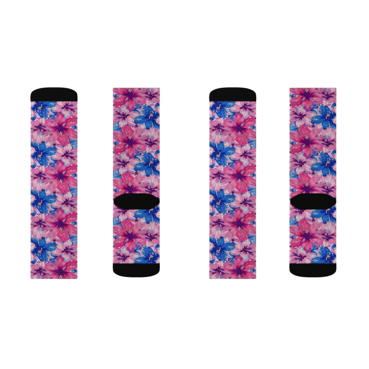 Blooming Bliss: Large Pink and Blue Blossoms in Full Bloom Ribbed Crew Socks