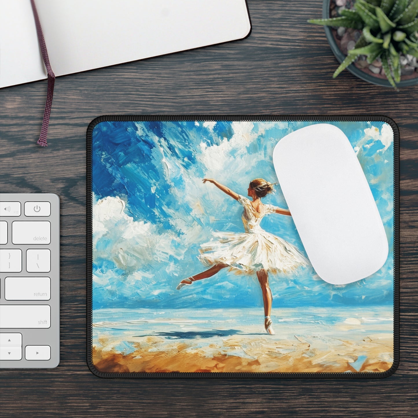 Coastal Elegance: Ballerina Dancing in White Amidst Beach Sunlight Gaming Mouse Pad with Finished Edges