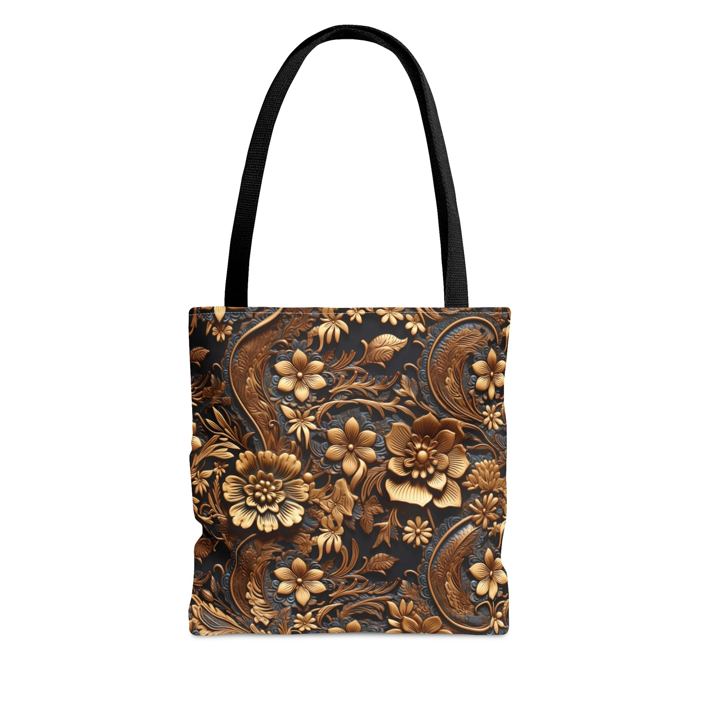 Tooled Leather Large Gold Flowers with Blue Leaf Swirl Accents Print Design  - Canvas Tote 3 Sizes