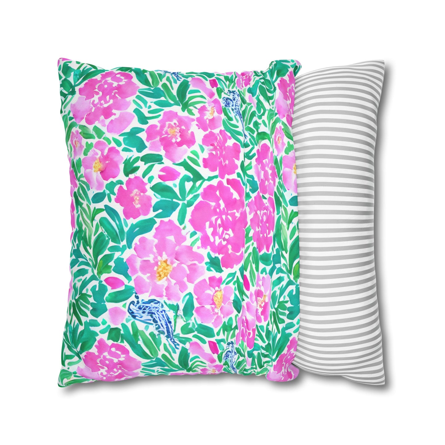 Springtime Whispers: Tiny Birds and Pink Blooms, Subtle Blue Accents, and Lush Green Leaves Spun Polyester Square Pillowcase 4 Sizes